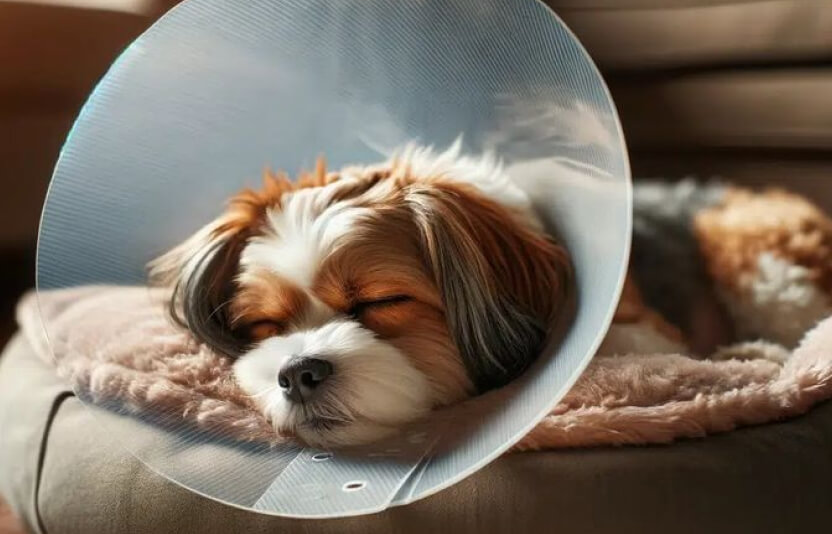 собака в воротнике спокойно спит на лежанке